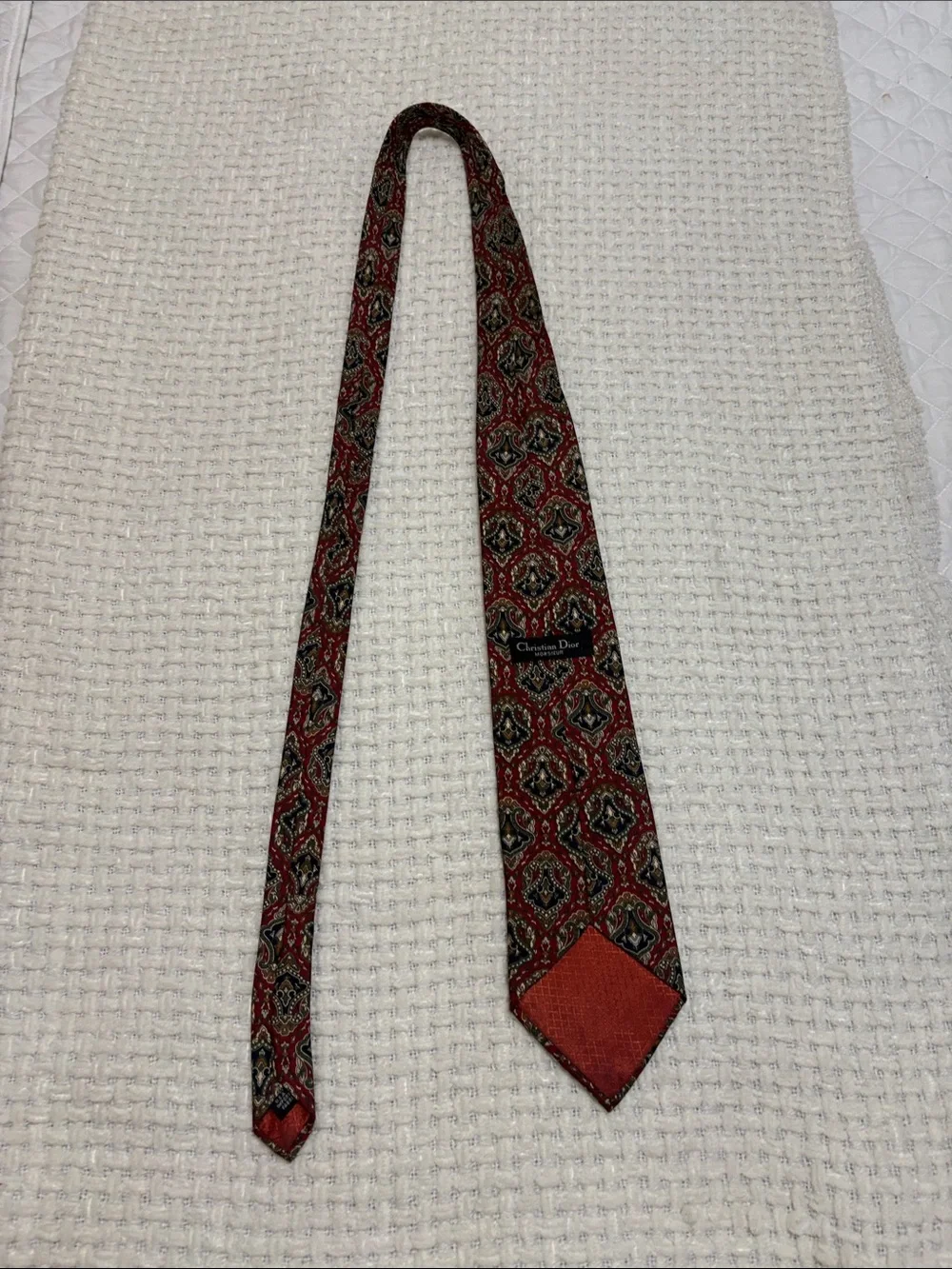 Dior Men's Burgundy Paisley Tie with Navy and Cream Accents